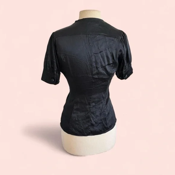 2000’s Vintage Black genuine silk cap short sleeve v-neck plunge bust blouse - Picture 4 of 7